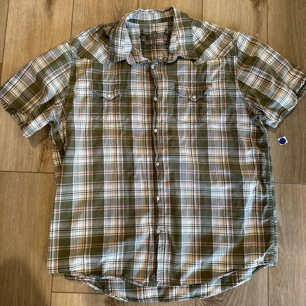 Rewire Mens Plaid Short Sleeve Pearl Snap Size XXL Olive Green‎ Ivory Pink